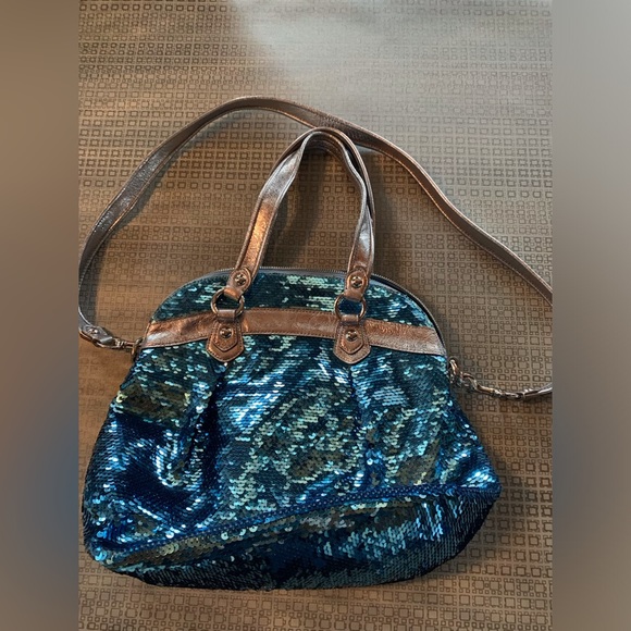 LIMITED EDITION COACH POPPY blue sequin bag with brushed silver leather straps - Picture 10 of 17